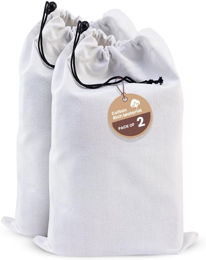 LFH Cotton Rich Shoe Storage Bags with Drawstring, Dustproof Breathable Reusable Organizer, Perfect For Travel, Dorm, Hotel, College, Gym, Easy to Carry, Machine Washable 8"x17" (Pack of 2) - White
