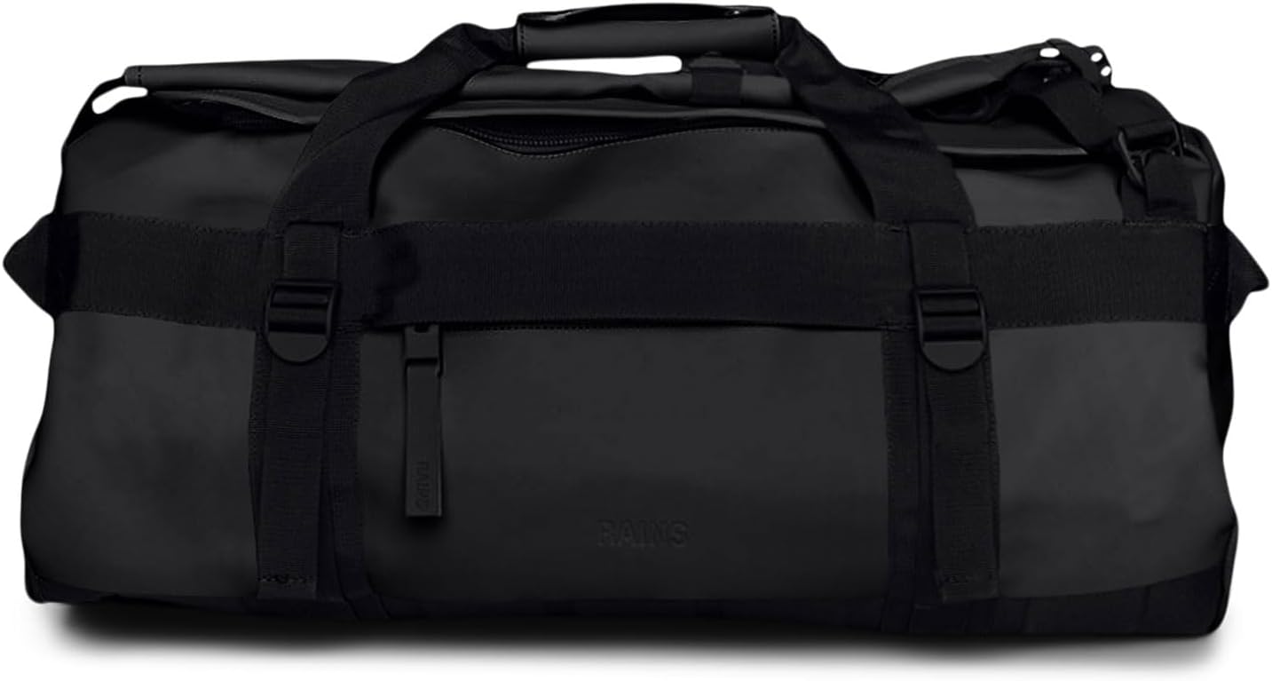 RAINS Texel Duffel Bag Small - Waterproof Black Duffel with U-Shaped Zip Closure, Mesh Pockets, Compression Straps, and Padded Carry Handles - 2 Year Warranty