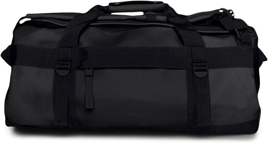 RAINS Texel Duffel Bag Small - Waterproof Black Duffel with U-Shaped Zip Closure, Mesh Pockets, Compression Straps, and Padded Carry Handles - 2 Year Warranty