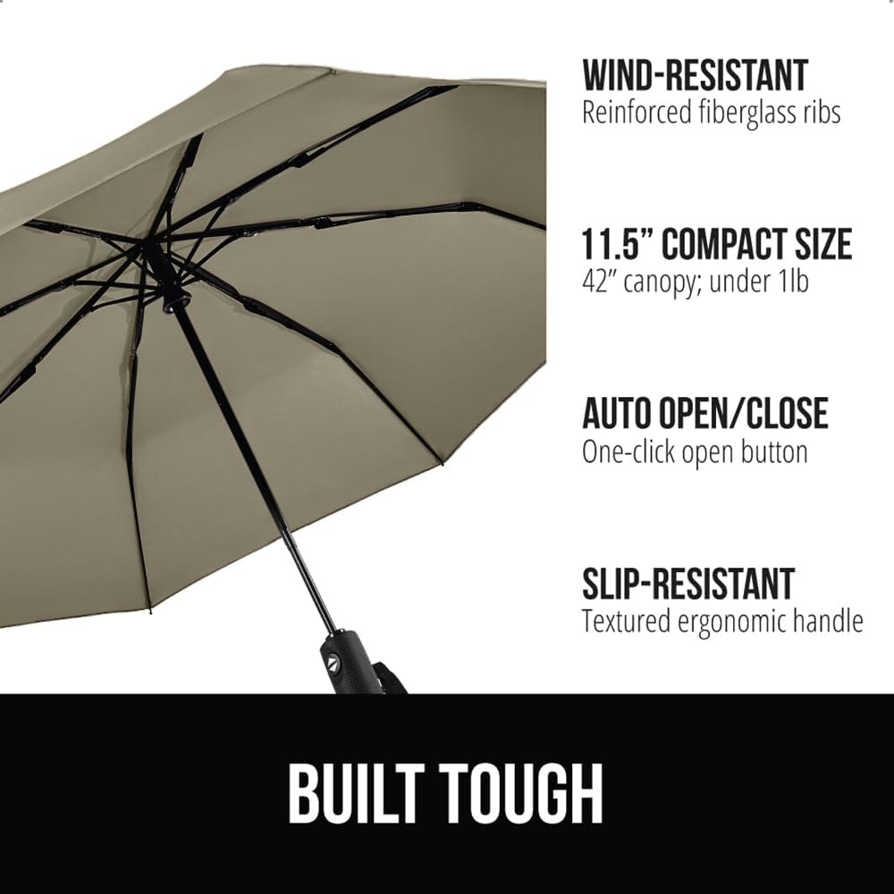GORILLA GRIP Strong Windproof Stick Compact Umbrella for Rain, One-Click Automatic Open and Close, Durable Quick Dry Waterproof Material, Lightweight and Portable, Travel Size Fits Backpack, Beige