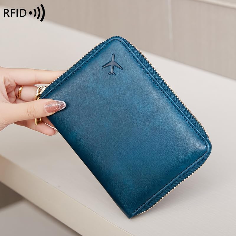 Genuine Leather Wallet Unisex Zipper Passport Holder RFID Blocking Waterproof - Vintage Travel Wallet (Peacock Blue)