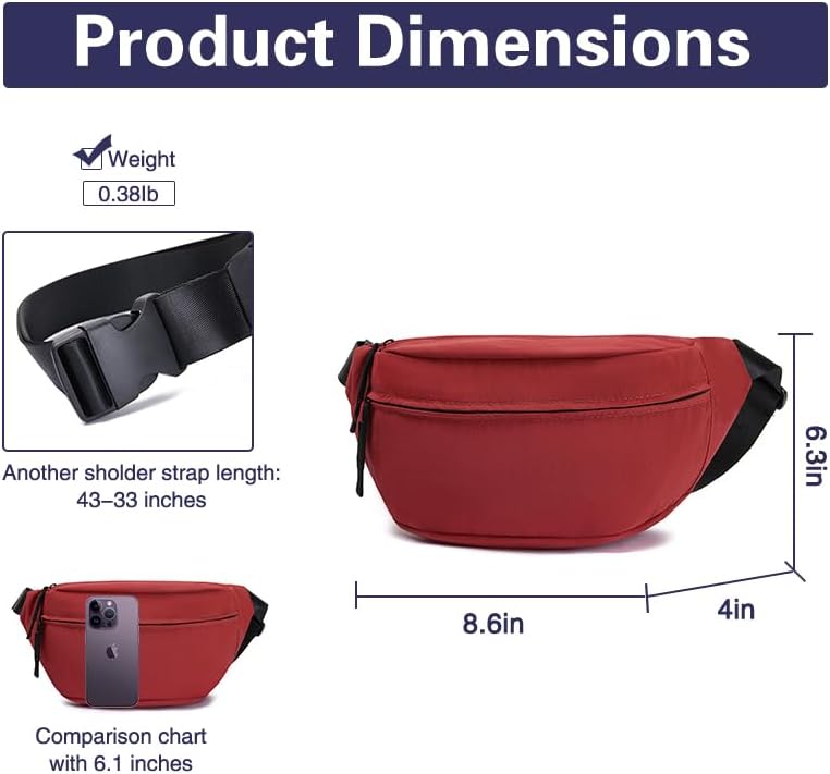 Women Sling Bags Girl Fanny Pack Crossbody Handbag Men Shoulder Bag Unisex Classic Nylon Waist Packs Purse Hiking Chest Bag, Easy Carry Any Phone,Wallet (Red)