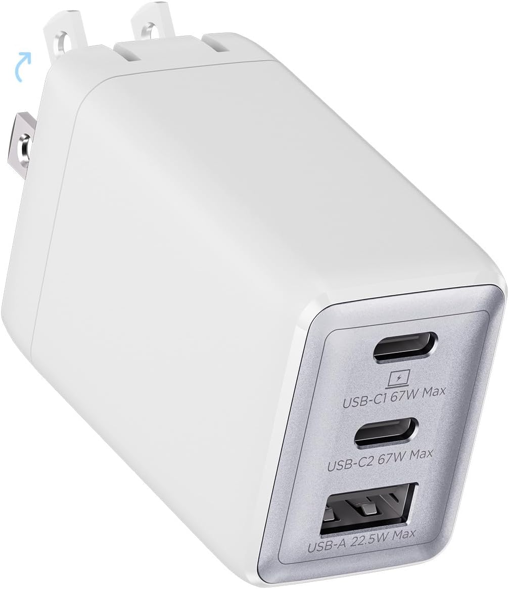 67W USB C Charger, 3-Port GaN Fast Charging Block with Foldable Plug, Compatible with MacBook