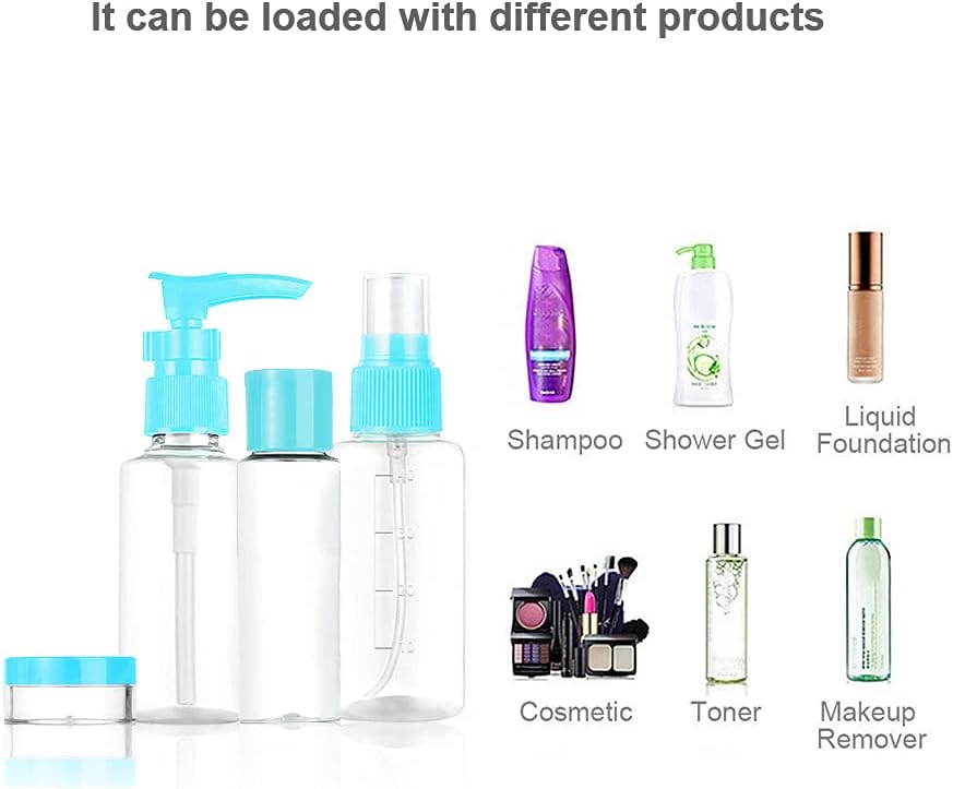 Vitog Travel Bottles Kit, TSA Approved Leak Proof Portable Toiletry Containers Set, Clear flight size PET Cosmetic Containers for Lotion, Shampoo, Cream, Soap, Set of 11 (Blue+Plastic)