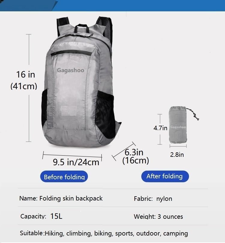 Small Foldable Hiking Daypack Packble Skin Casual Backpack Camping Cycling Travel Outdoor Day Bags Useful (Gray)