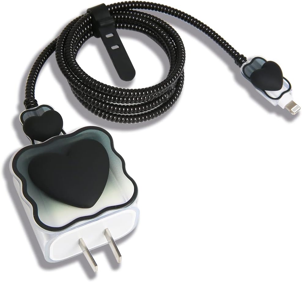 Compatible with iPhone 18W/20W USB-C Charger Cover Lovely 3D Love Heart Waves Clear Soft Charger Protector Cute Cable Saver for iPhone 11 12 13 14 Pro Max Fast Power Adapter, Black 1 (5in1)