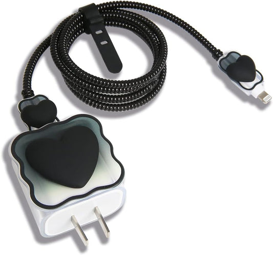 Compatible with iPhone 18W/20W USB-C Charger Cover Lovely 3D Love Heart Waves Clear Soft Charger Protector Cute Cable Saver for iPhone 11 12 13 14 Pro Max Fast Power Adapter, Black 1 (5in1)