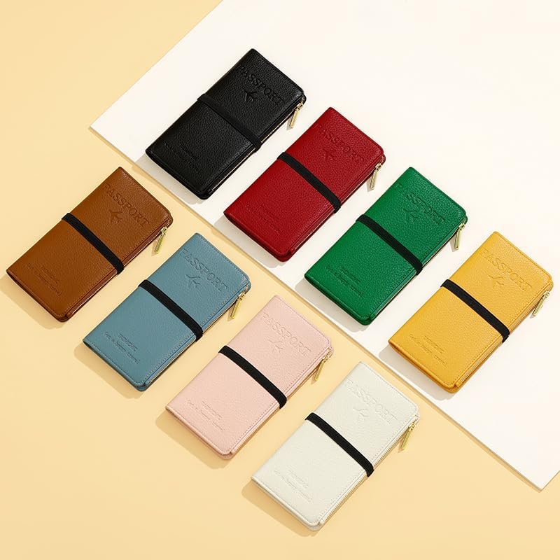 DOB SECHS Leather Passport Holder RFID Blocking Passport Wallet Case for Women, Travel Accessories Organizer Credit Cards Pouch Bag with ID Window+Zippered Cash Pocket+SIM Slots, Brown