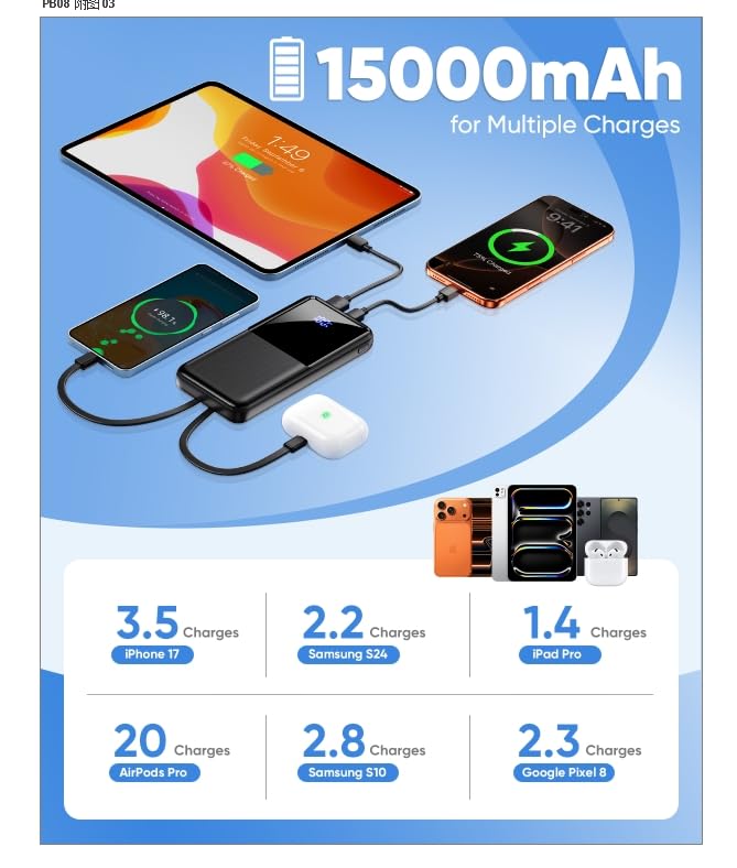 CFIAI Portable Charger 15000mAh Slim Power Bank with Built in Cables