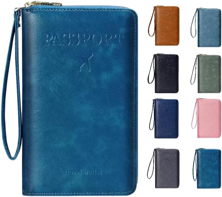 Multi-Functional RFID Passport Wallet,Travel Wallet for Men & Women,With zipper, anti-theft passport holder，Slim Leather Cover for Credit Cards, Tickets, Cash (Blue)