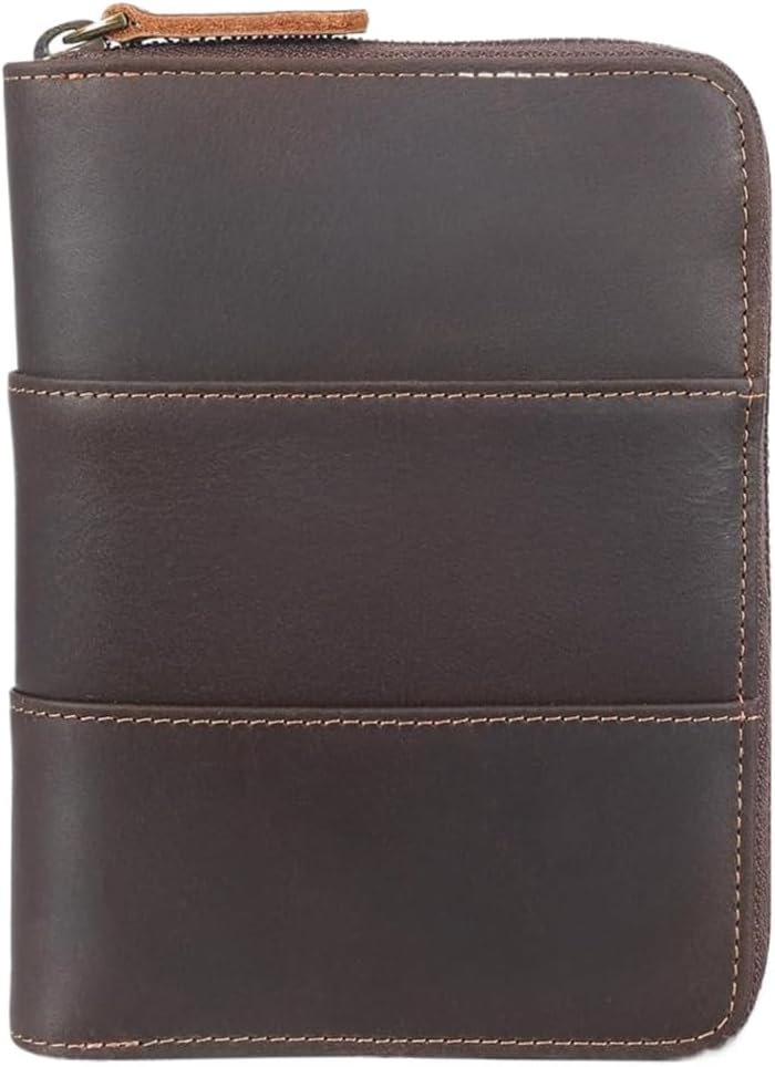 Retro Passport Cover Genuine Leather Unisex Travel Zipper Wallet RFID Blocking (Dark Brown)