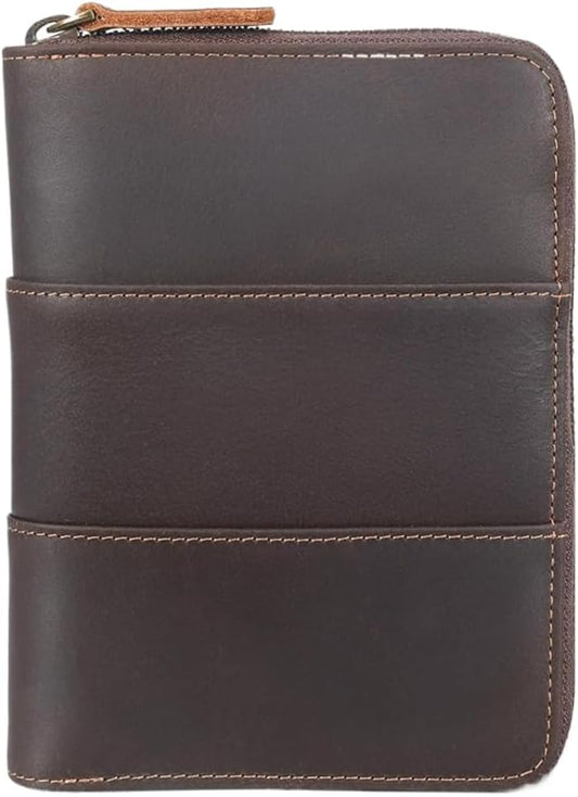 Retro Passport Cover Genuine Leather Unisex Travel Zipper Wallet RFID Blocking (Dark Brown)