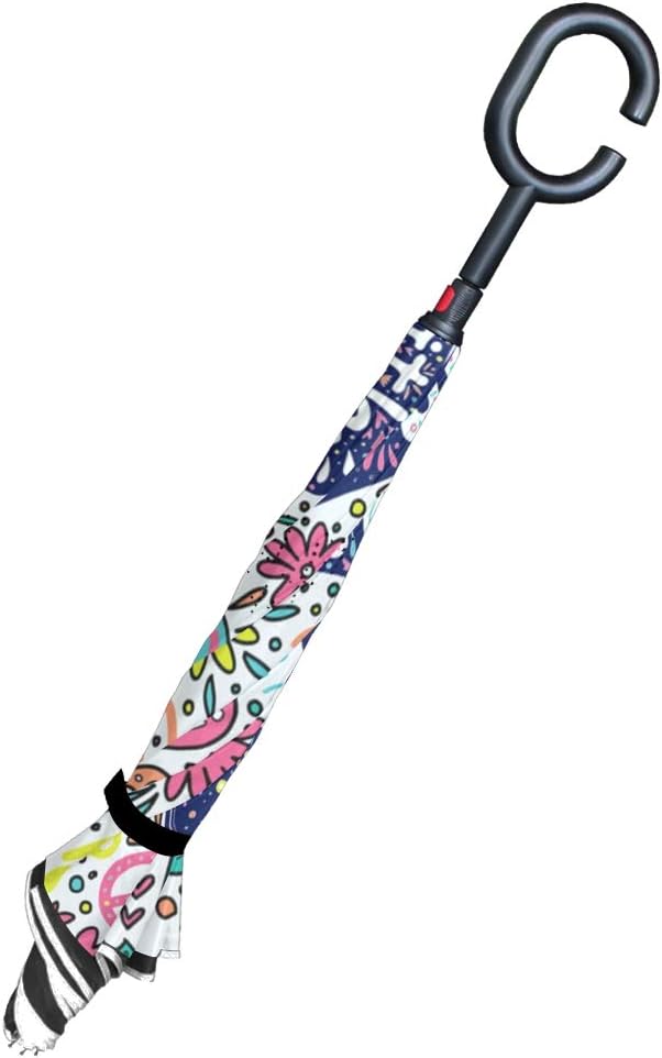 ALAZA Floral Peace Sign Gesture Windproof Inverted Open Close Reverse Rain Umbrella Inside Out Quality Waterproof Parasol Upside Down Stick Shelter with Hook c Handle