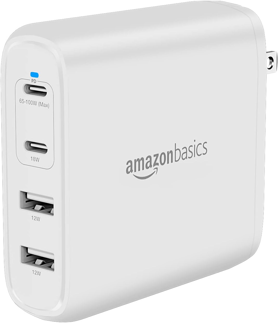Amazon Basics 100W Four-Port GaN Wall Charger w/ 2 USB-C (100W,18W) & 2 USB-A Ports (12W) w/PD for