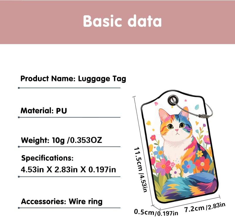 2 Pack Cute Cat Leather Luggage Tags for Suitcases, Travel Bag Tags with Privacy Cover ID Label with Stainless Steel Loop for Women Men Girls Backpack Gift (Colorful)