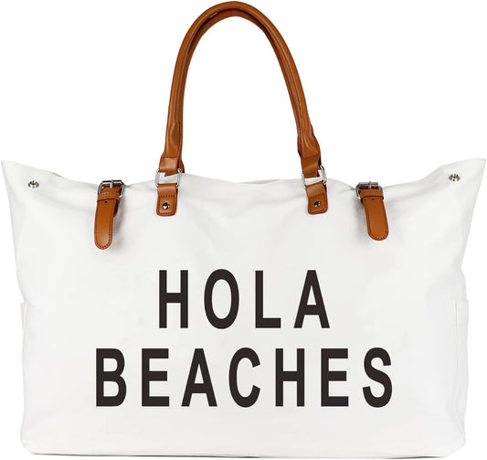 Beach Bag with Vegan Leather Handle, Extra Large Beach Bag for Women Waterproof Sandproof, White