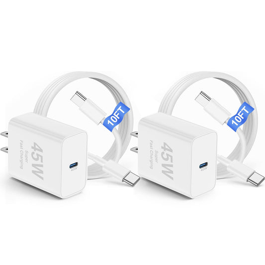 2Pack 45W iPhone 17 16 15 Charger Fast Charging,USB C Super Fast Charger Block and Long Type C to C Cable Cord 10ft for Apple iPhone 17 Pro Max/17 Air/16 Pro/16 Pro Max/15 Plus/15 Pro/iPad Plug Cube