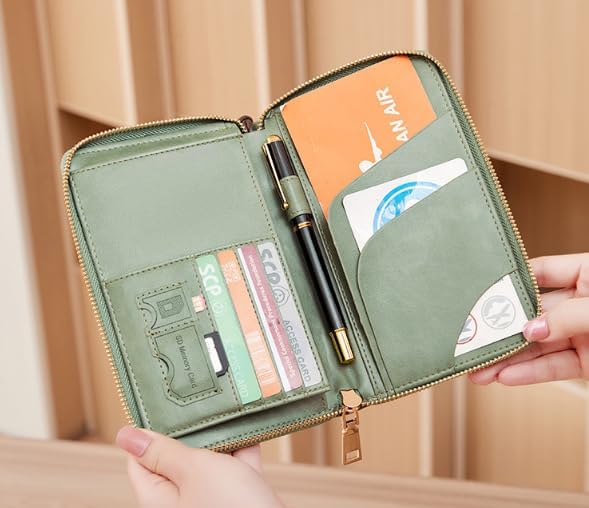 Unisex genuine leather wallet multifunctional RFID travel passport holder with protective cover (Green)
