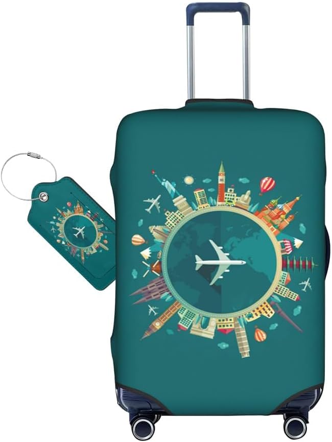 World Travel Luggage Covers and Luggage Tags Tsa Approved, Elastic Washable Fashionable Anti-Scratch Protector, Birthday Gifts for Men Women (L 26-28 Inch Luggage)
