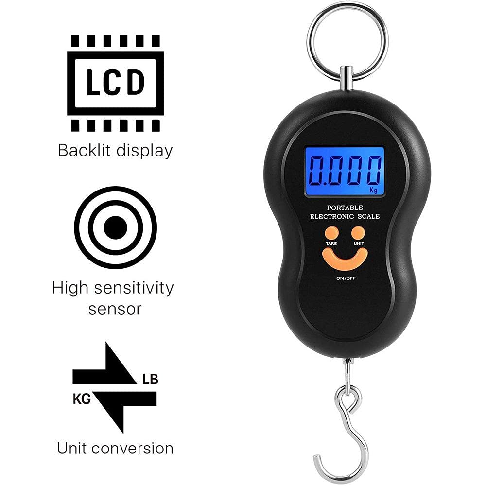 Electronic Fish Scale with Backlit LCD Display, Digital Portable Hanging Luggage Scale 110lb/50kg for Home and Outdoor, 2 AAA Batteries Included