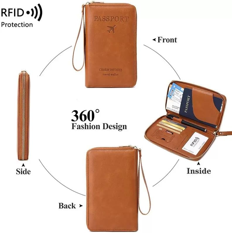 Multi-Functional RFID Passport Wallet,Travel Wallet for Men & Women,With zipper, anti-theft passport holder，Slim Leather Cover for Credit Cards, Tickets, Cash (Brown)