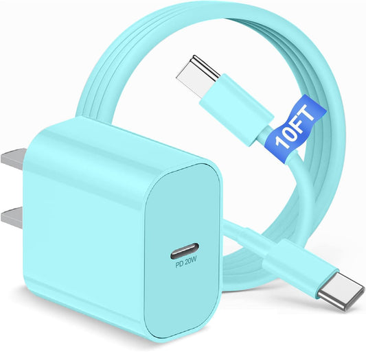 iPhone 17 16 15 Charger Block and 10ft Type C to C Cable Cord Long, 20W USB C Fast Charging Plug for Apple iPhone 17 Pro Max/17 Air/16 Pro Max/16 Plus/15 Pro/15/AirPods/iPad/Mini Wall Cube Brick Box