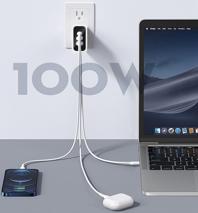 Fast 100W Dual USB-C Plus USB-A Charger - GaN Power Delivery - Fast Compact Power Adapter for Laptops, Smart Phones, Tablets and Thousands of Other Devices (White, 100W)