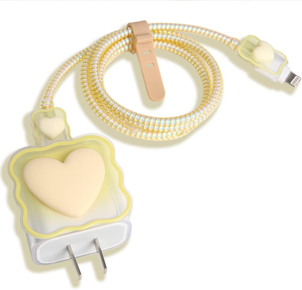 Compatible with iPhone 18W/20W USB-C Charger Cover Lovely 3D Love Heart Waves Clear Soft Charger Protector Cute Cable Saver for iPhone 11 12 13 14 Pro Max Fast Power Adapter, Beige 1 (5in1)