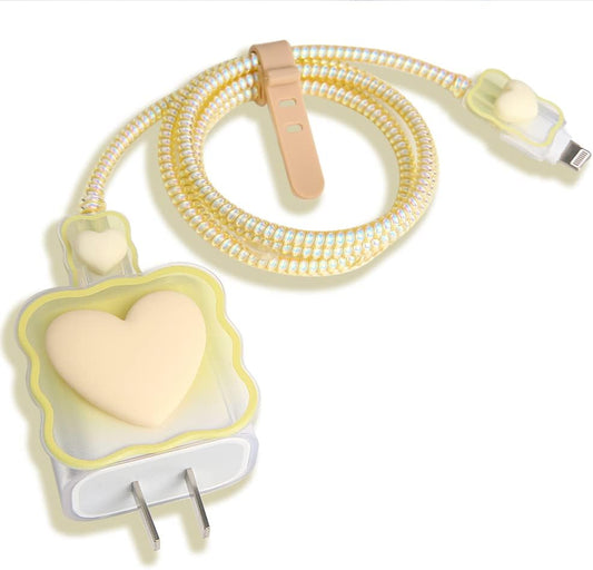 Compatible with iPhone 18W/20W USB-C Charger Cover Lovely 3D Love Heart Waves Clear Soft Charger Protector Cute Cable Saver for iPhone 11 12 13 14 Pro Max Fast Power Adapter, Beige 1 (5in1)