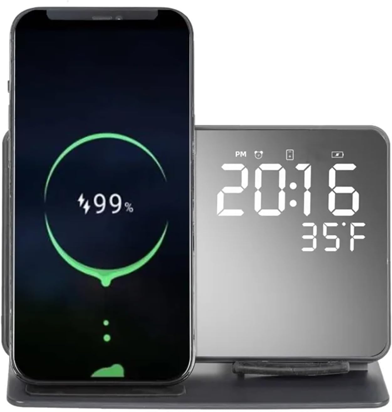 All-in-One Magnetic Charging Station with LED Alarm Clock, Temperature Display, and Makeup Mirror | Simultaneous Fast Charging for Smartphone, Smartwatch, Earbuds