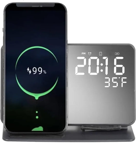 All-in-One Magnetic Charging Station with LED Alarm Clock, Temperature Display, and Makeup Mirror | Simultaneous Fast Charging for Smartphone, Smartwatch, Earbuds