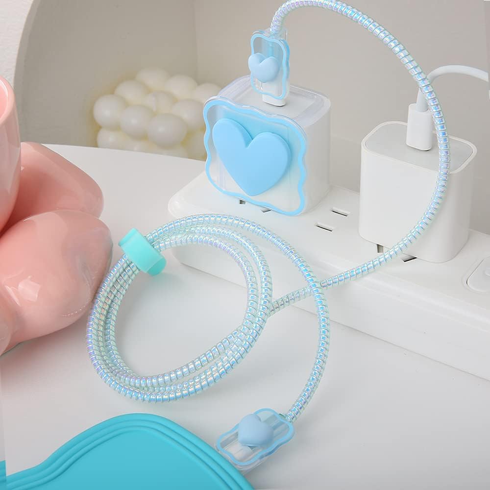 Compatible with iPhone 18W/20W USB-C Charger Cover Lovely 3D Love Heart Waves Clear Soft Charger Protector Cute Cable Saver for iPhone 11 12 13 14 Pro Max Fast Power Adapter, Blue 1 (5in1)