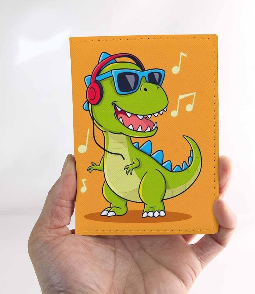 Dinosaur Passport Holder for Travel Musical Dinosaur with Headphones PU Leather Passport Cover Wallet Cute Passport Card Holder for Women and Men