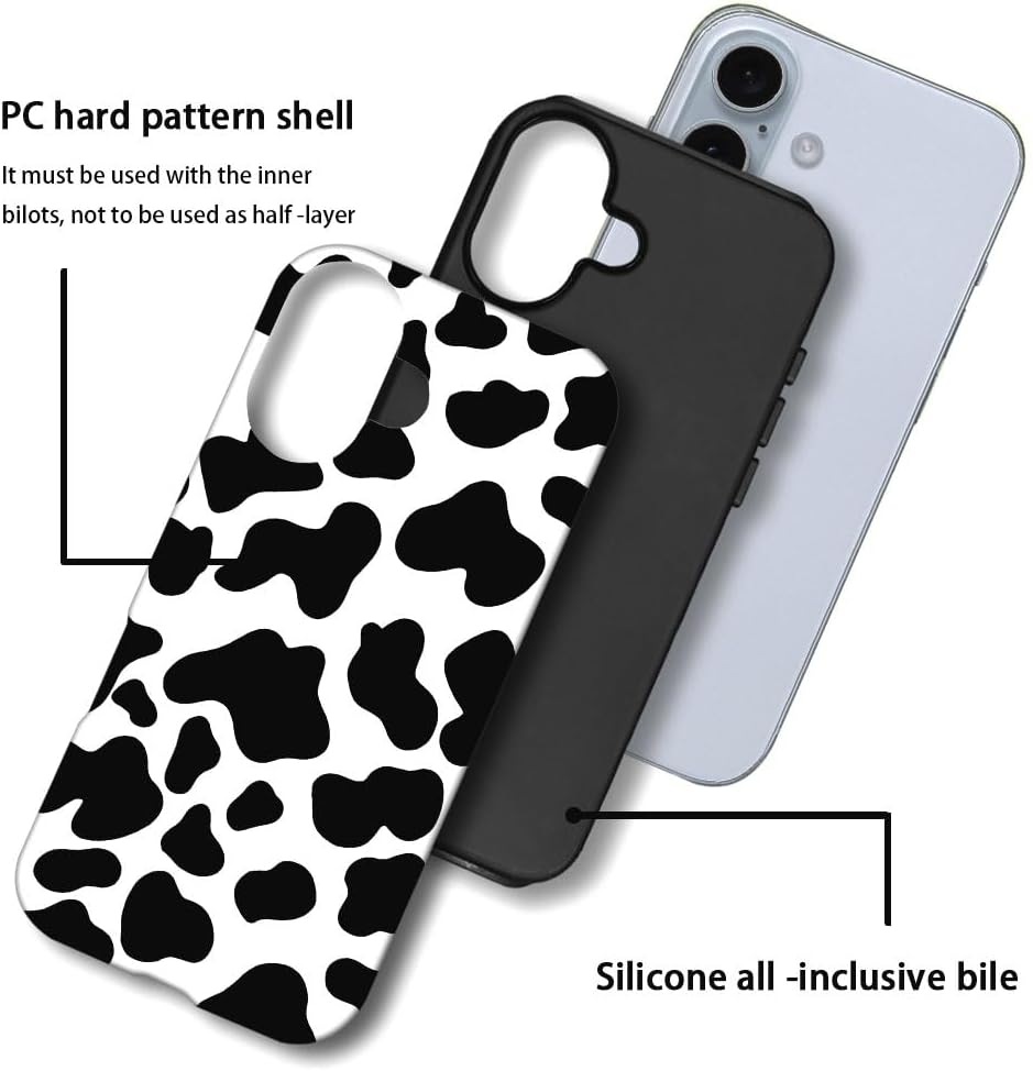 SEized Case Compatible with for iPhone 16,Black White Cow Pattern Phone Case for Girl Women Boy Men,Durable Protection Phone Case for iPhone 16