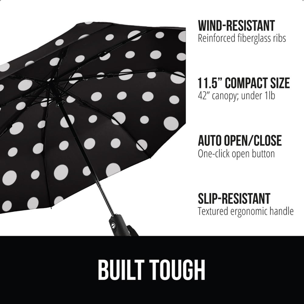 GORILLA GRIP Strong Windproof Stick Compact Umbrella for Rain, One-Click Automatic Open and Close, Durable Quick Dry Waterproof Material, Lightweight and Portable, Travel Size Fits Backpack Polka Dots
