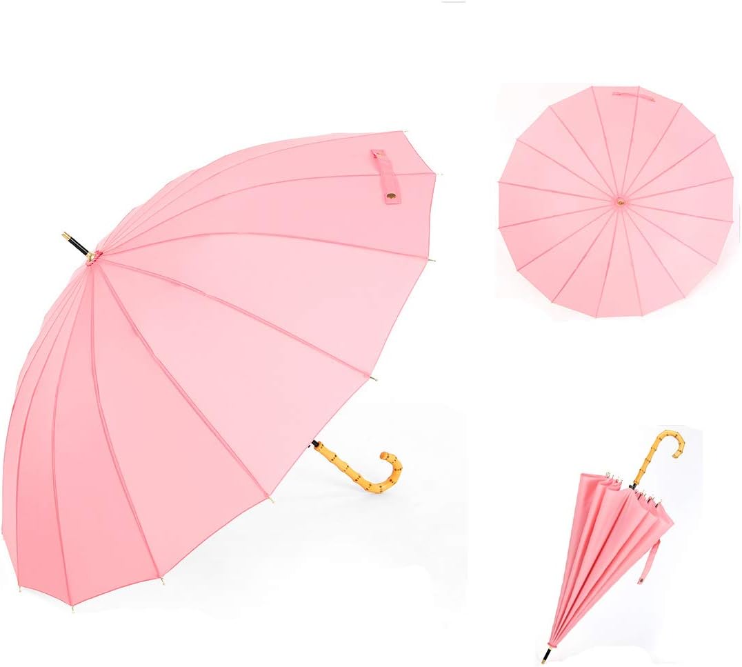 ThreeH Bamboo Stick Umbrella Auto Open Solid Color Fashionable and Simple 190T 16 Ribs,KS08 Pink