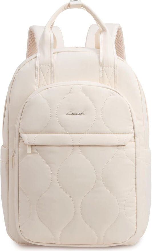 LOVEVOOK Laptop Backpack for Women, College Travel Backpack Puffer Womens Backpack for 17.3 Inch Laptop, Water-Resistant Quilted Casual Daypack, Beige