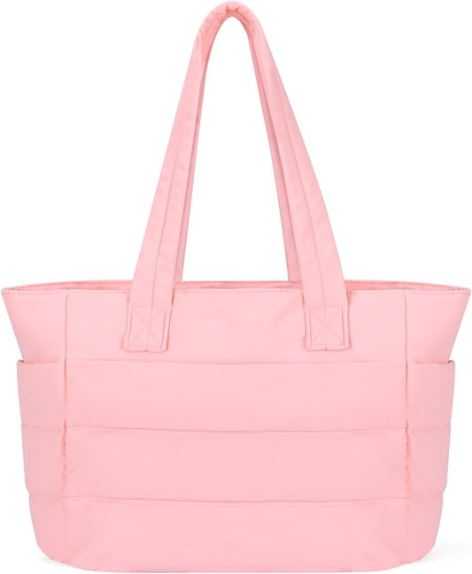 Puffer Tote Bag with Zipper for Women, Lightweight Quilted Handbag with Laptop Compartment for Work Nurse