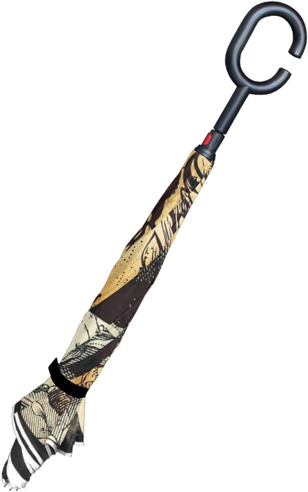 ALAZA Vintage Tattoo Skull Windproof Inverted Open Close Reverse Rain Umbrella Inside Out Quality Waterproof Parasol Upside Down Stick Shelter with Hook c Handle