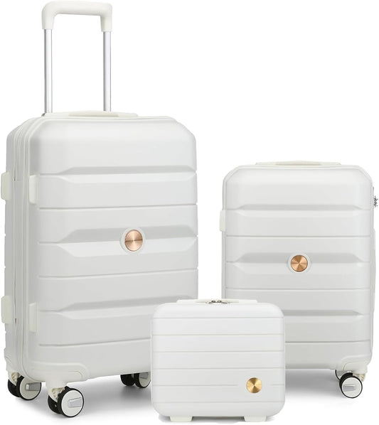 Somago Luggage Sets 3 Piece Hard Shell Polypropylene Suitcase with TSA Lock Spinner Carry On Luggage with Beauty Case Travel Set,Creamy White
