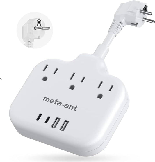 European Travel Plug Adapter 3 inch, International Plug Adapter, US to Europe Plug Adapter with 3 Outlets 4 USB Ports(2 USB C), Type E F Power Adapter to EU Germany Spain France Portugal Iceland