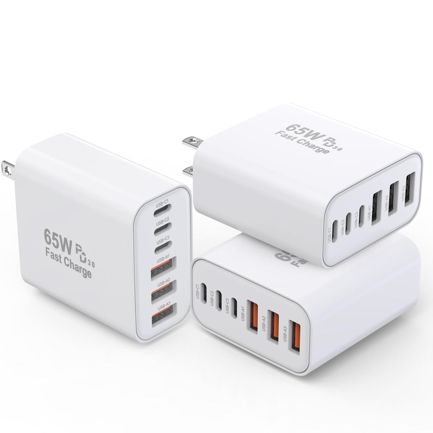 3 Pack 65W GaN Type C Wall Charger Block,6-Port Fast Charging Block,PD USB C Plug Adapter+QC Plug