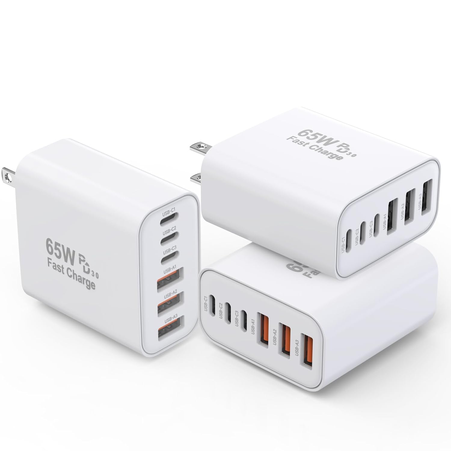 3 Pack 65W GaN Type C Wall Charger Block,6-Port Fast Charging Block,PD USB C Plug Adapter+QC Plug