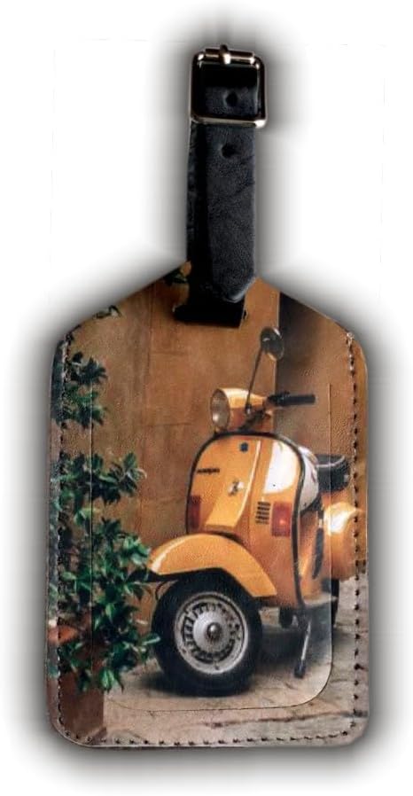 Mulch Leather Genuine Cow Leather Luggage Tag for Baggage ID Tags Travel Bag Tags for Suitcases Privacy Cover ID Label (Antique Vespa)