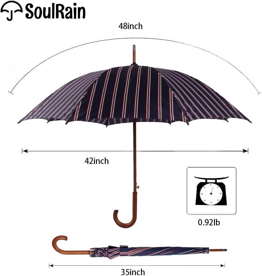 SoulRain 48" Arc Classic Wood Handle Umbrella Auto Open Windproof clear Unbreakable Stick Rain Umbrella (Elegant Stripes)