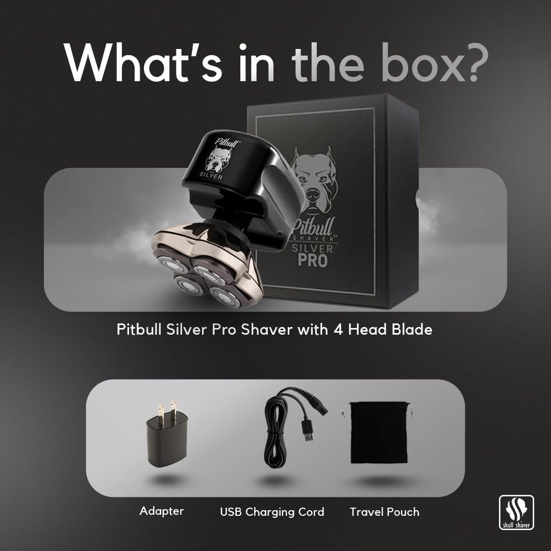 Skull Shaver Pitbull Silver PRO Head & Face Shaver - Premium Cordless Electric Shaver for Wet & Dry Shaving - Ergonomic & Easy-to-Clean Design - Includes Travel Pouch