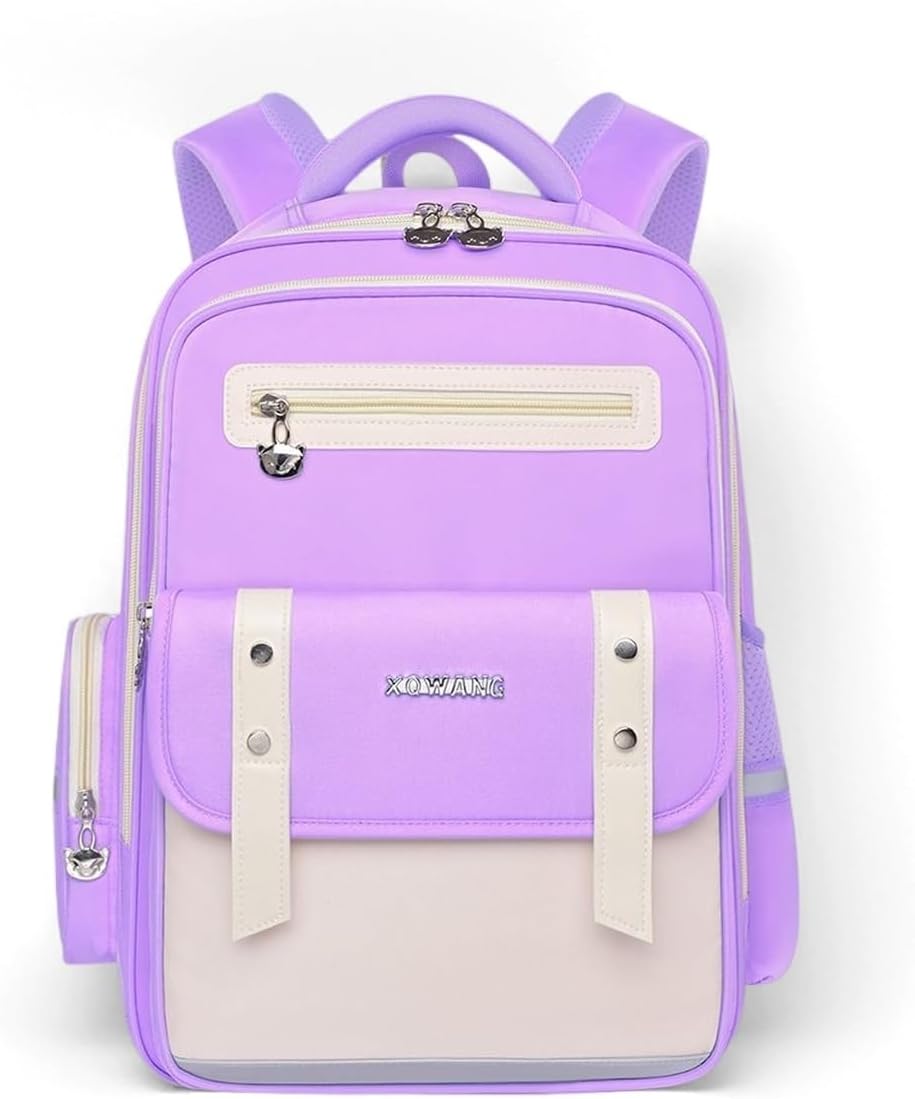 Kids Backpack for Kids, Lightweight Waterproof Purple White Backpack for School, Kindergarten Elementary School Students Boys & Girls Backpack with Safety Whistle and Includes a Detachable Waist Belt