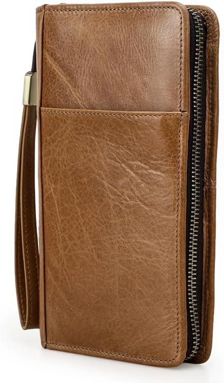Unisex Genuine Leather Wallet Large Capacity RFID Blocking Passport Holder with Multiple Card Slots (Brown)
