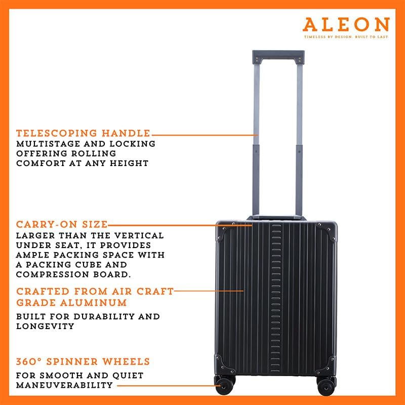 Aleon All-Aluminum 21" Vertical Carry-On Business Briefcase, TSA-Approved Hardshell Case, Spinner Wheels, Laptop Compartment, Aluminum Frame Cabin Bag for Travel & Business, Durable & Sleek (Onyx)
