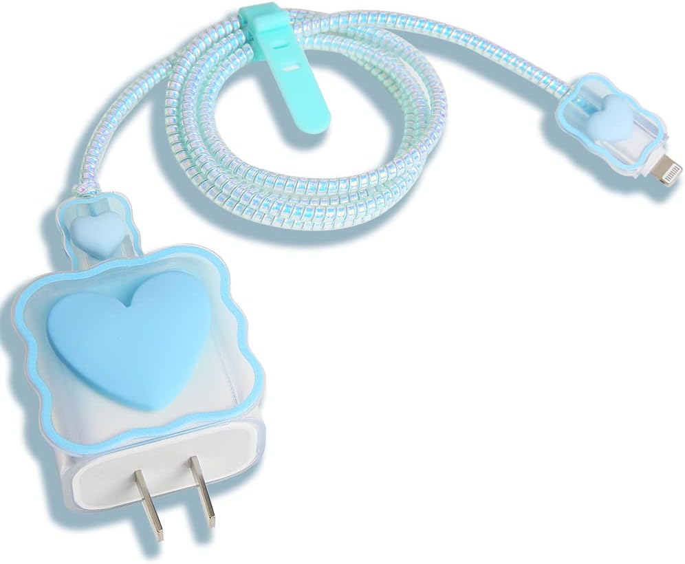 Compatible with iPhone 18W/20W USB-C Charger Cover Lovely 3D Love Heart Waves Clear Soft Charger Protector Cute Cable Saver for iPhone 11 12 13 14 Pro Max Fast Power Adapter, Blue 1 (5in1)